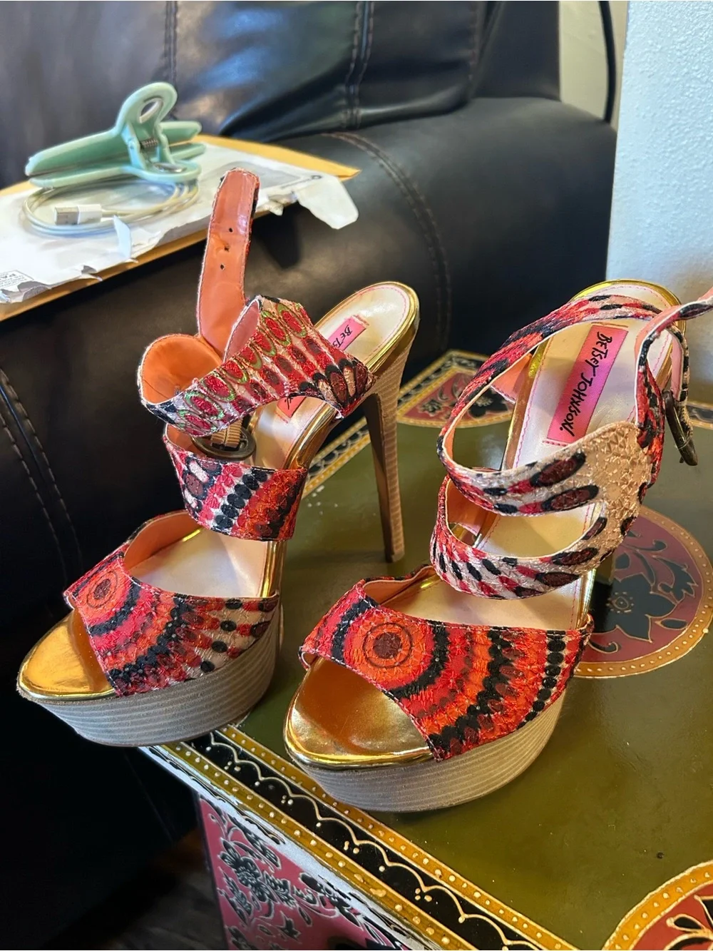 Betsey Johnson Red and Gold Patterned Platform Strappy Heels